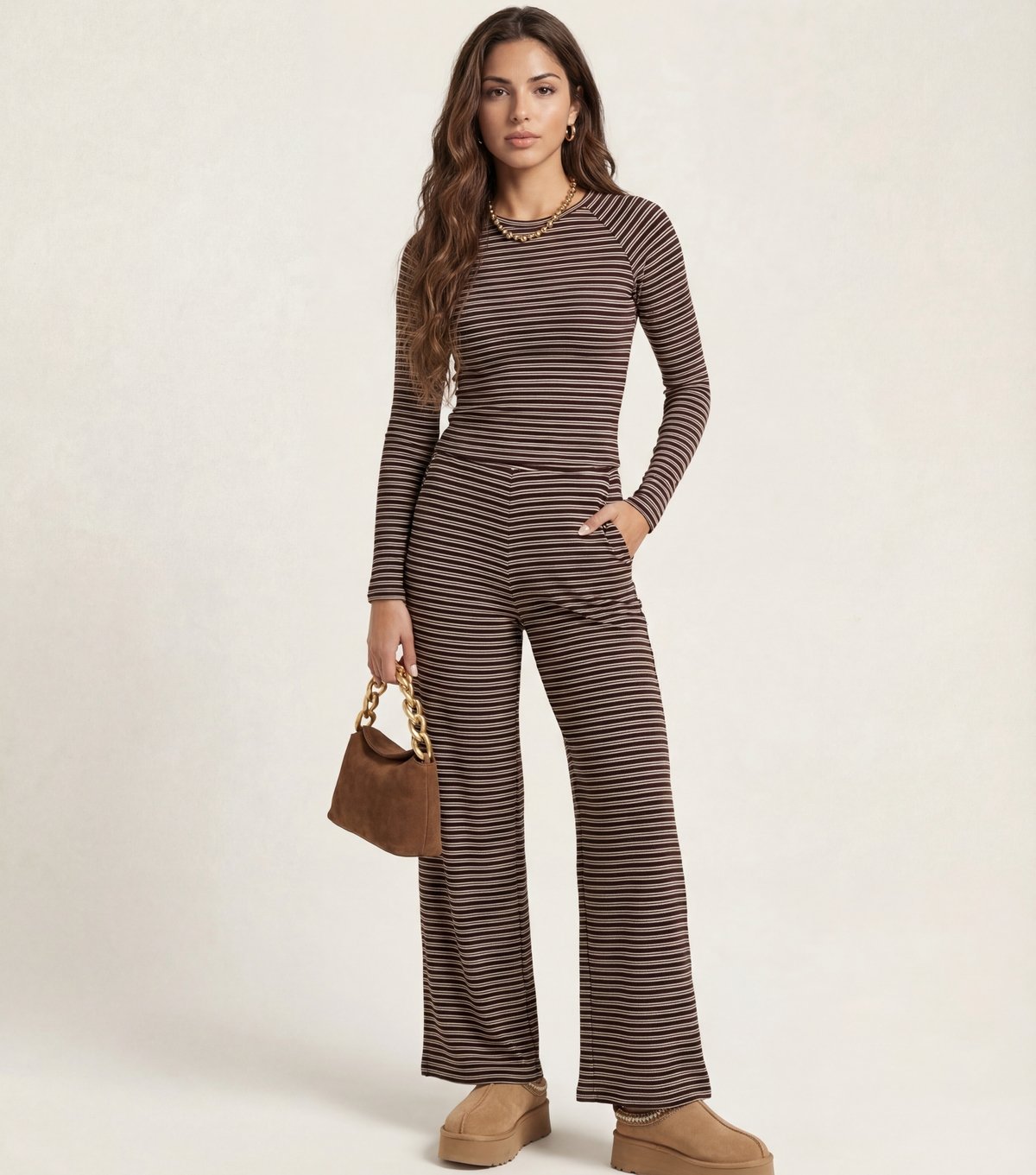 Urban Bliss Women's Brown Striped Jersey Wide Leg Trousers Urban Bliss New Look - 2
