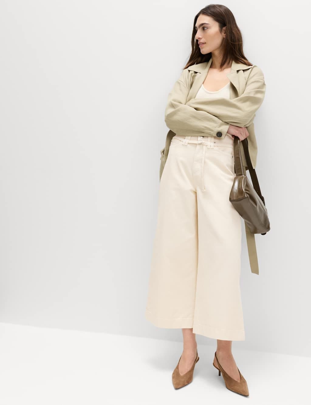 Marks & Spencer M&S Denim High Waisted Belted Wide Leg Culottes Ecru