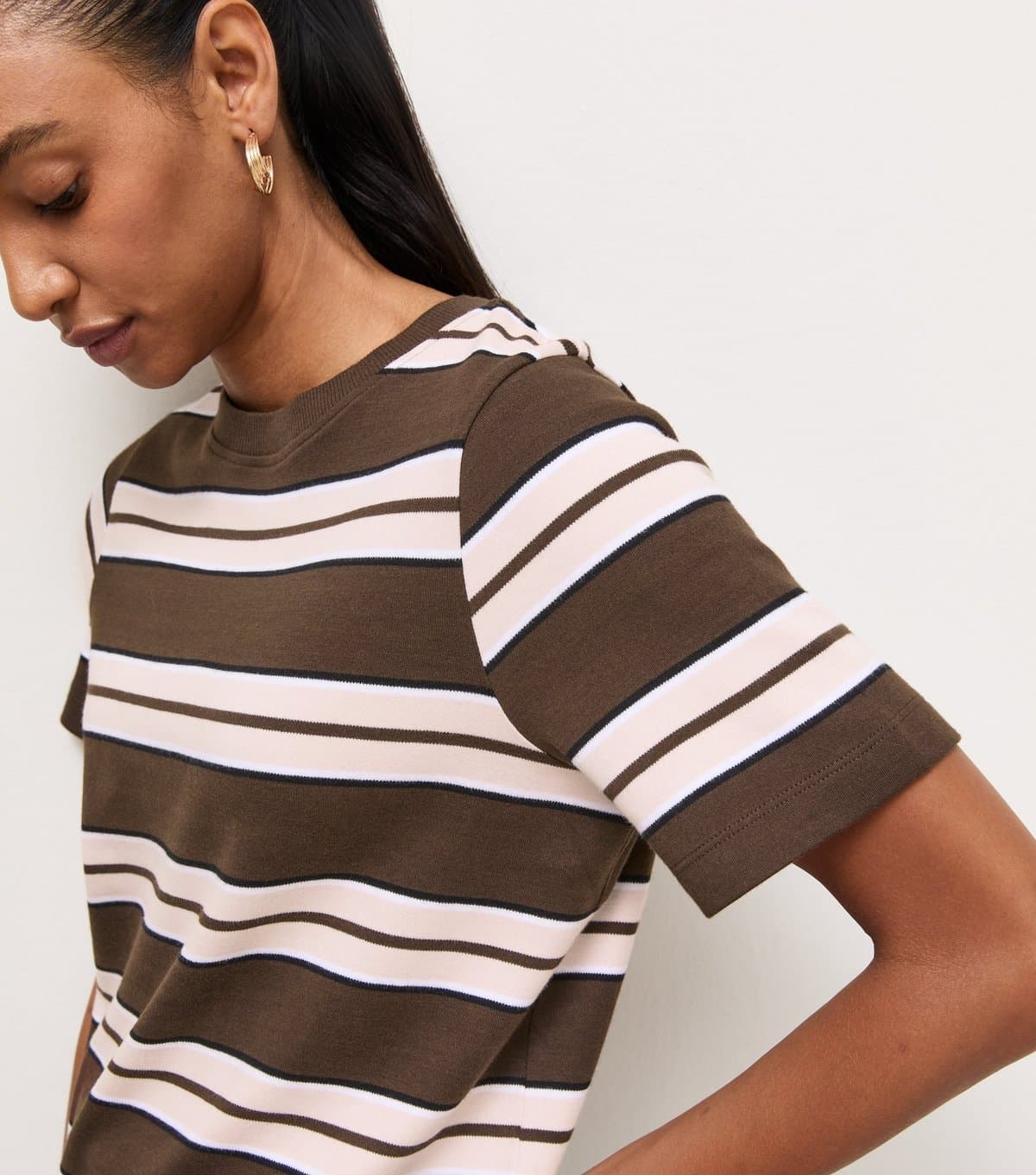 New Look Women's Premium Brown Cotton Horizontal Stripe Relaxed Fit T-Shirt New Look