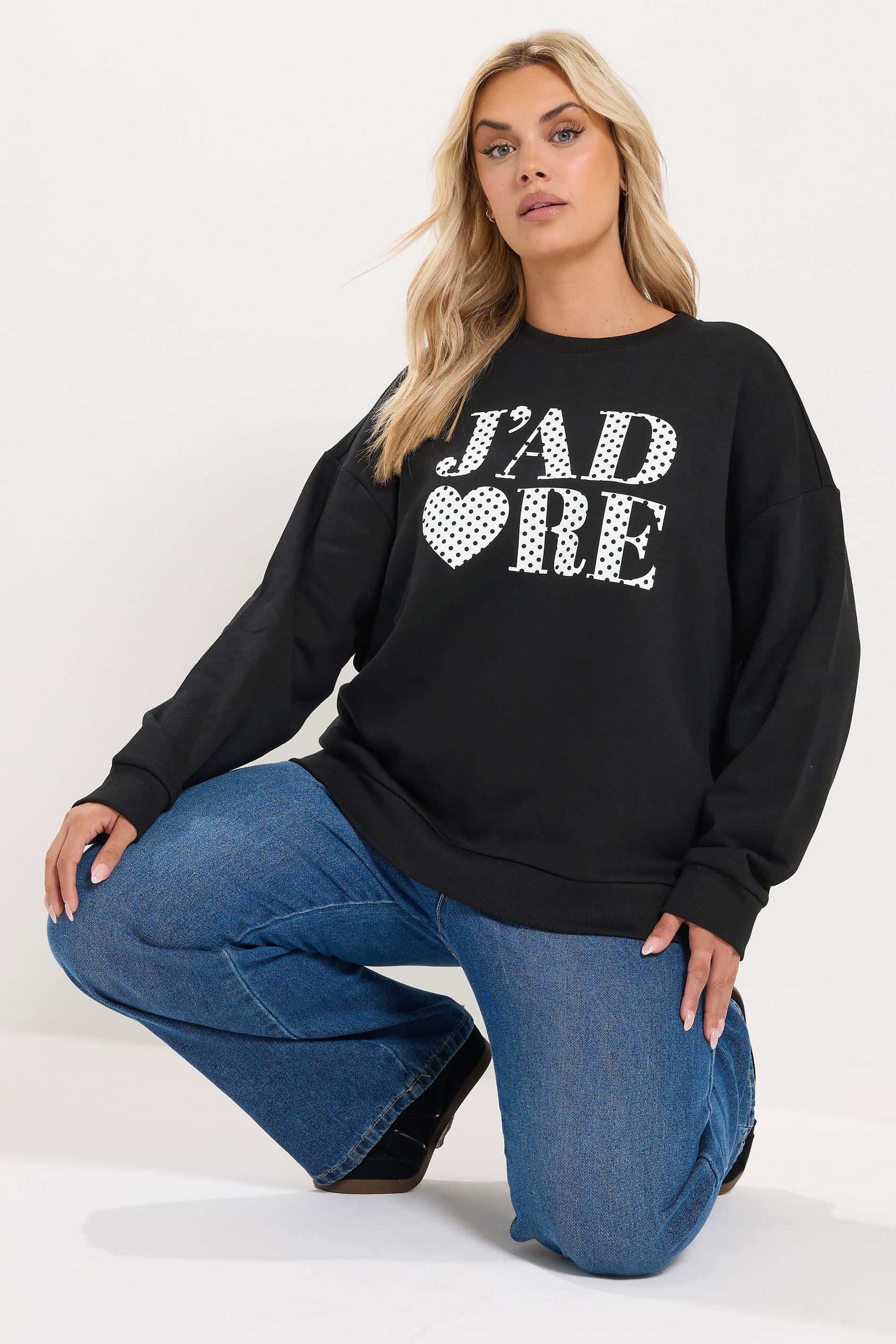 Yours Plus Size Black 'J'adore' Polka Dot Slogan Sweatshirt