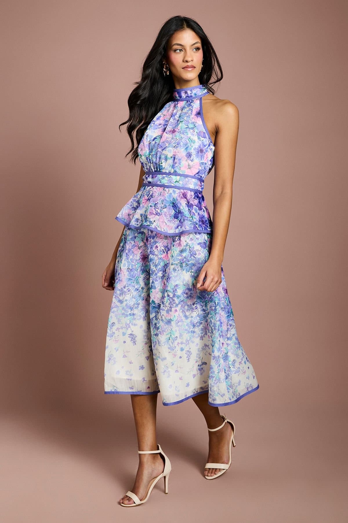 Coast Coast Women's Petite Placement Print Organza Halterneck Midi Dress in Ivory