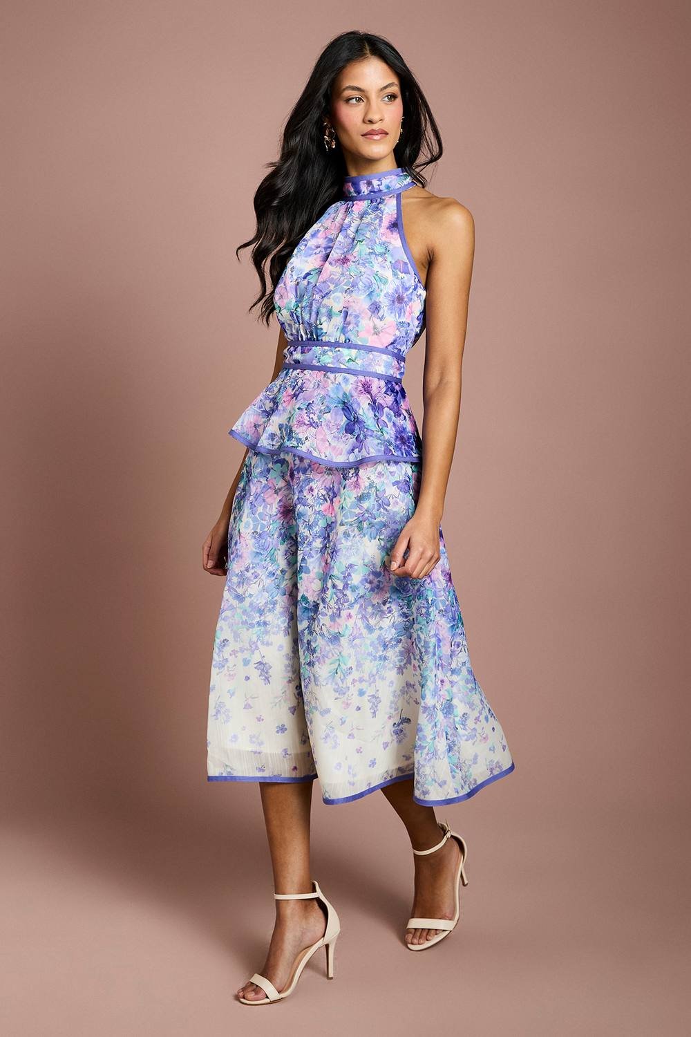 Coast Coast Women's Petite Placement Print Organza Halterneck Midi Dress in Ivory - 2