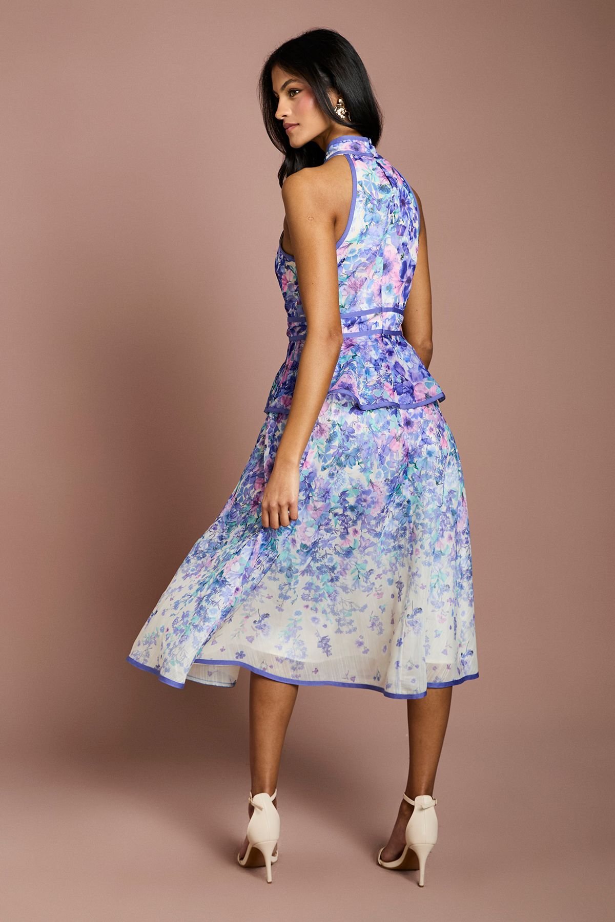 Coast Coast Women's Petite Placement Print Organza Halterneck Midi Dress in Ivory - 3