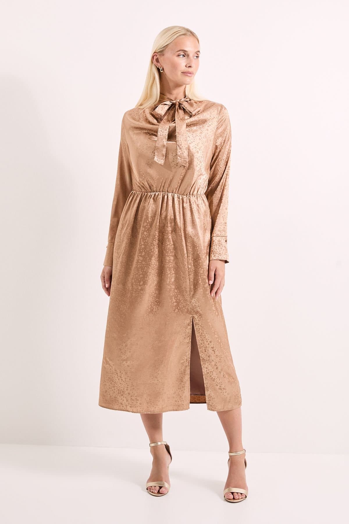Principles Principles Women's Camel Cowl Tie Neck Satin Jacquard Midi Dress