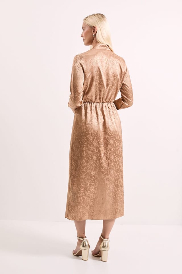 Principles Principles Women's Camel Cowl Tie Neck Satin Jacquard Midi Dress - 3