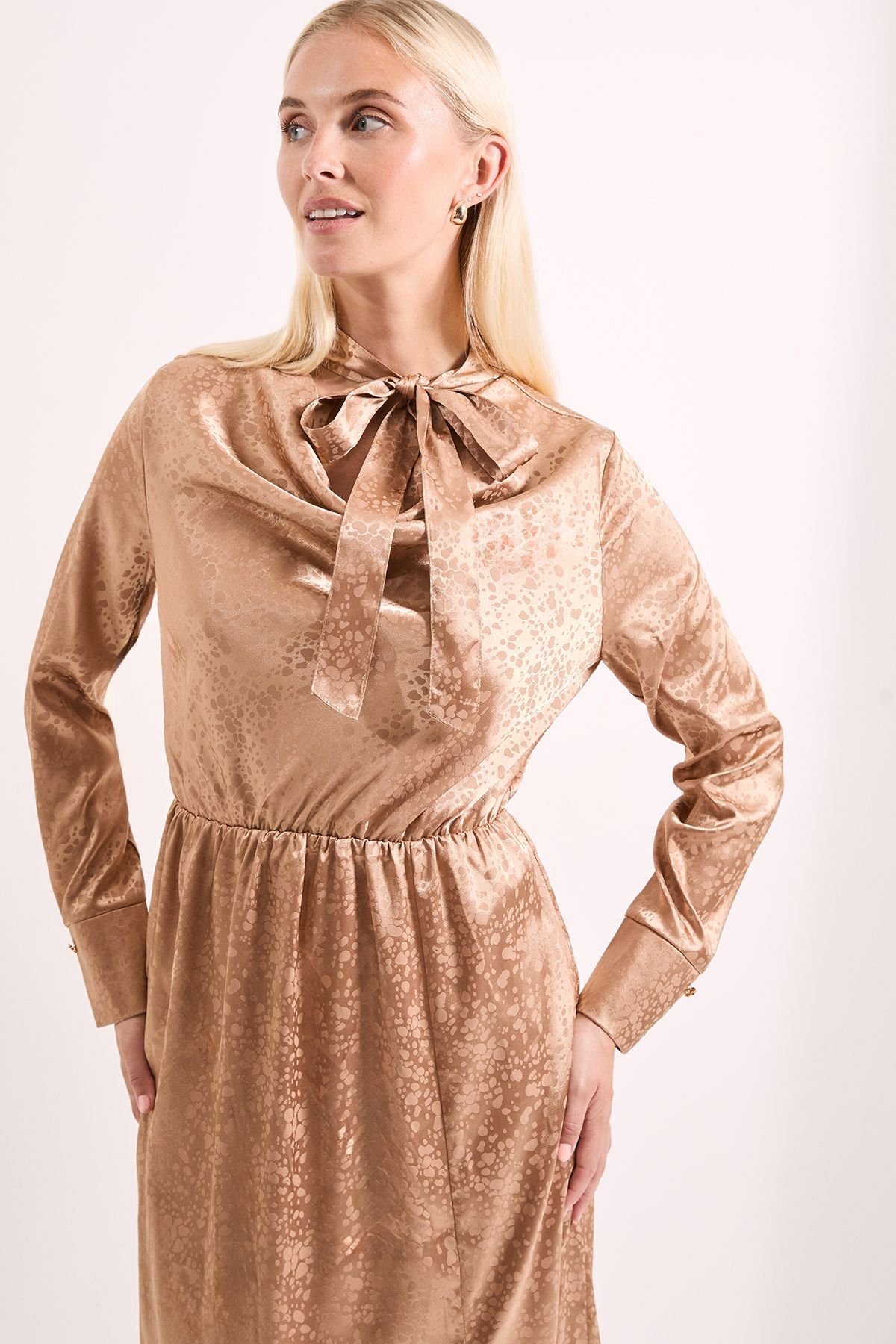 Principles Principles Women's Camel Cowl Tie Neck Satin Jacquard Midi Dress - 4