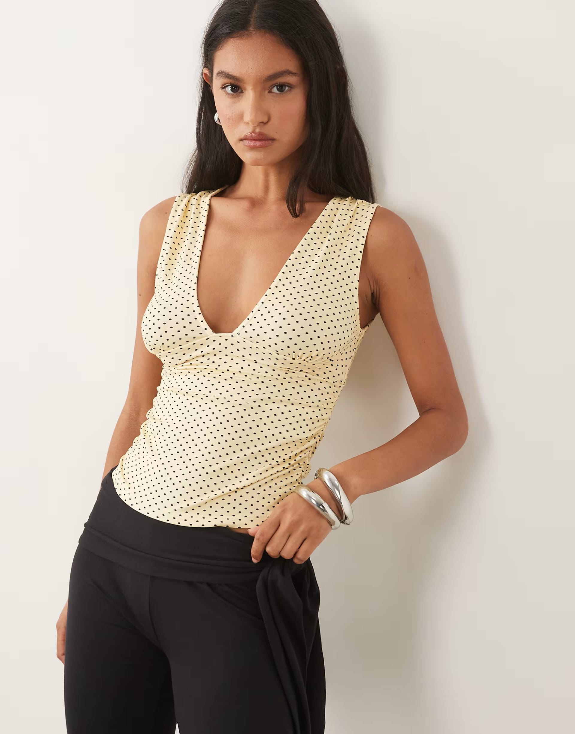 ASOS Motel Lycia Cream Polka Dot Plunge Top