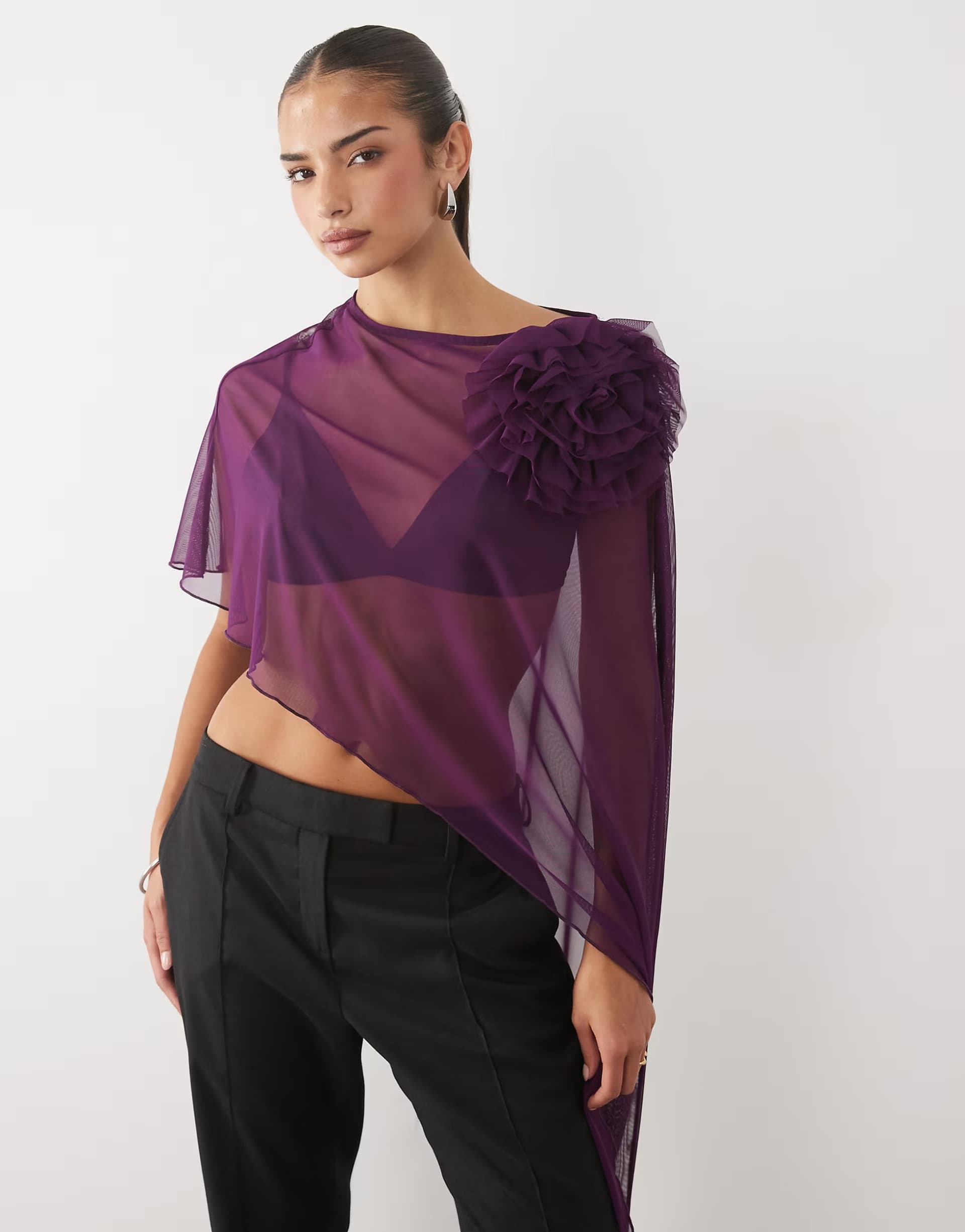 ASOS ASOS DESIGN mesh draped cape top with corsage in purple