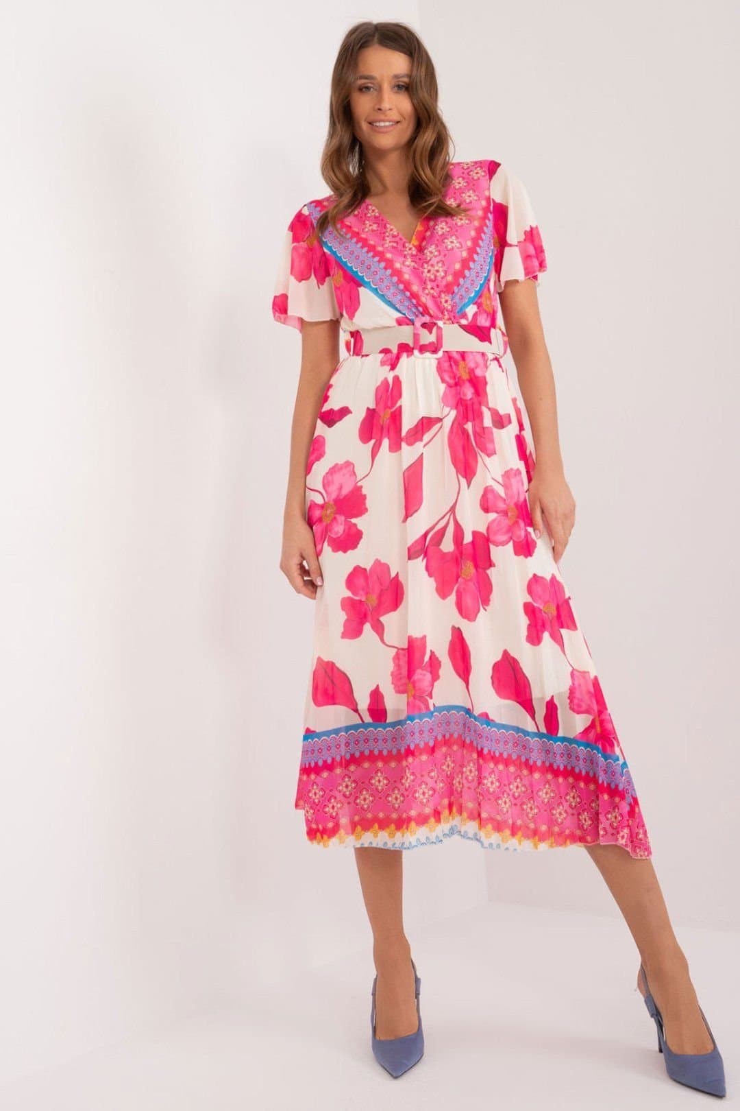 Love Lace Love Lace Women's Summer Frill Sleeve Belte​d Dress with Lining in Pink