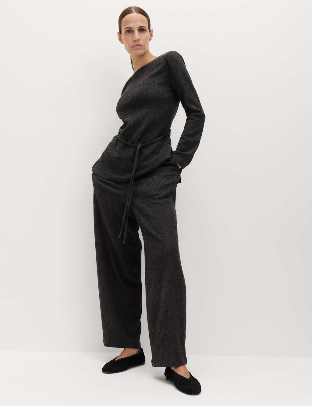 Marks & Spencer M&S Jersey Textured Carrot Leg Ankle Grazer Trousers Black