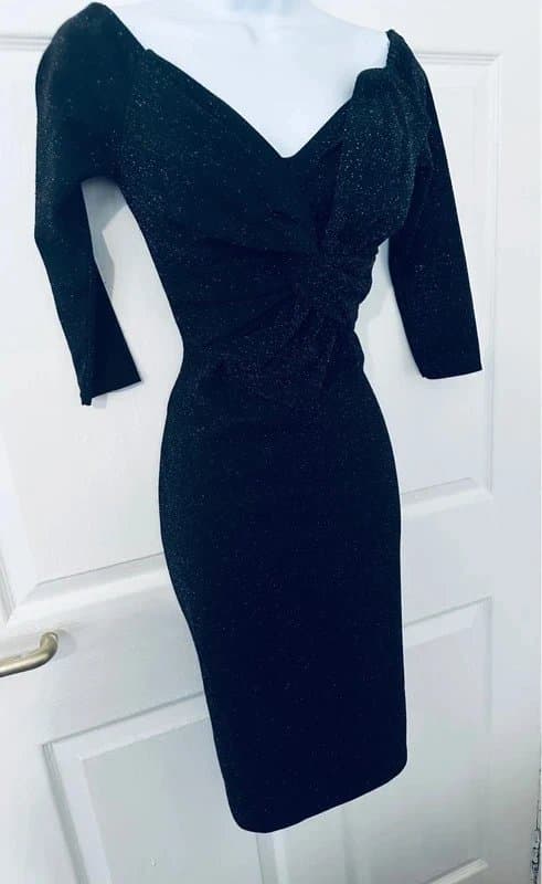 Quiz Stunning Black With Silver Glitter Bow Midi Dress Size 10