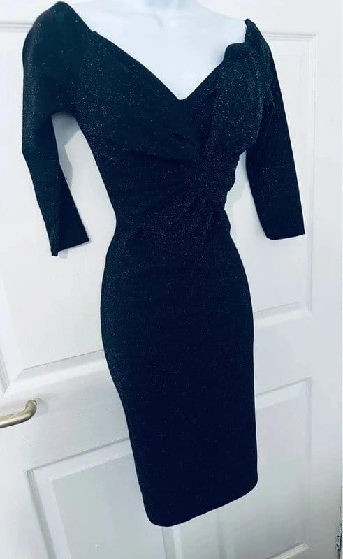 Quiz Black With Silver Glitter Bow Midi Dress Size 10
