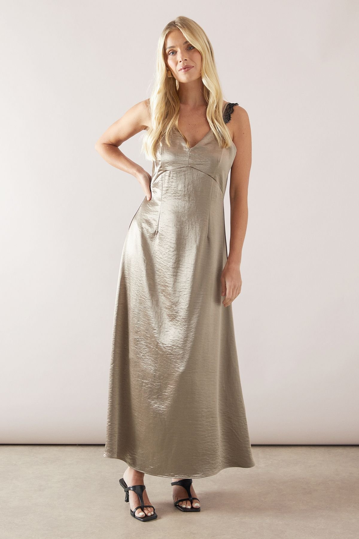 Wallis Wallis Women's Petite Occasion Satin Lace Detail Maxi Dress in Champagne - 2