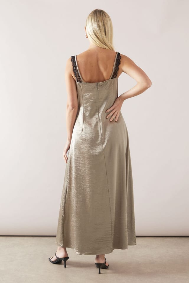 Wallis Wallis Women's Petite Occasion Satin Lace Detail Maxi Dress in Champagne - 3