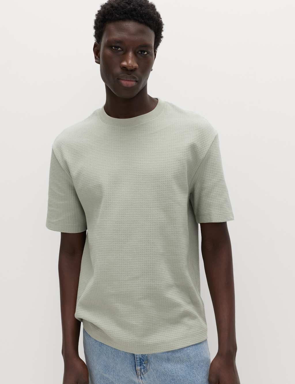 Marks & Spencer M&S Relaxed Pure Cotton Waffle T-Shirt Pistachio