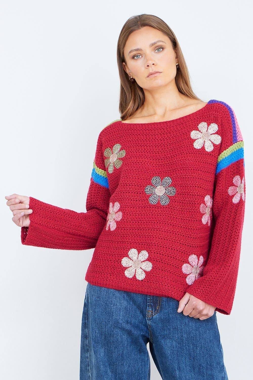 Yumi Yumi Women's Red Crochet Flower Jumper