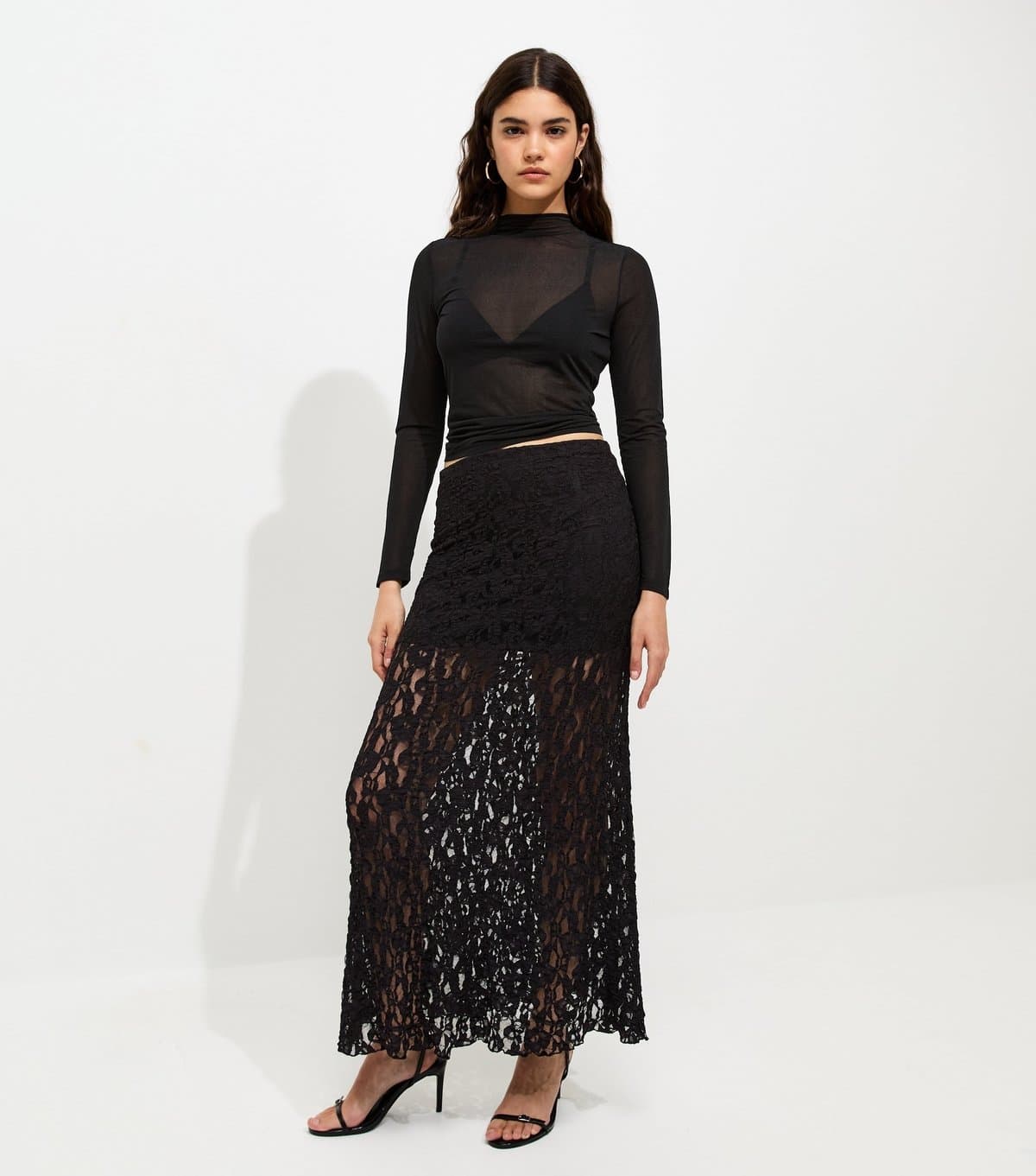 New Look Women's Black Sheer Lace Midi Skirt New Look