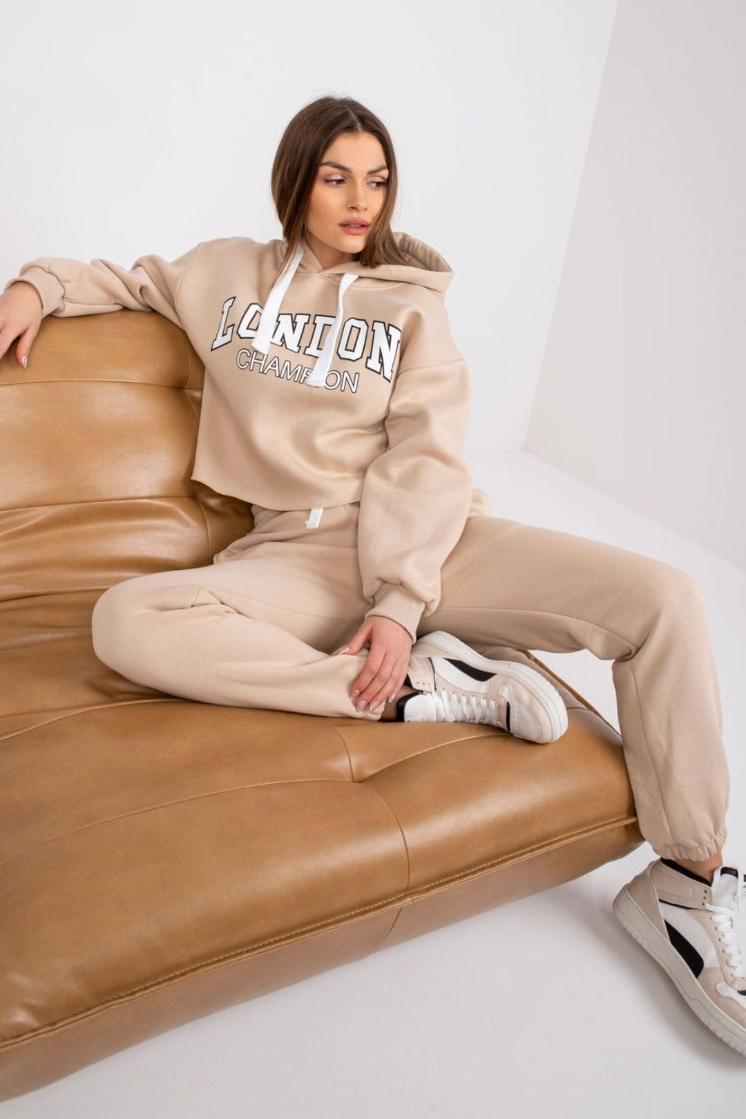 Love Lace Love Lace Women's Cotton Casual Tracksuit Set Sweatshirt & Pants in Beige - 4