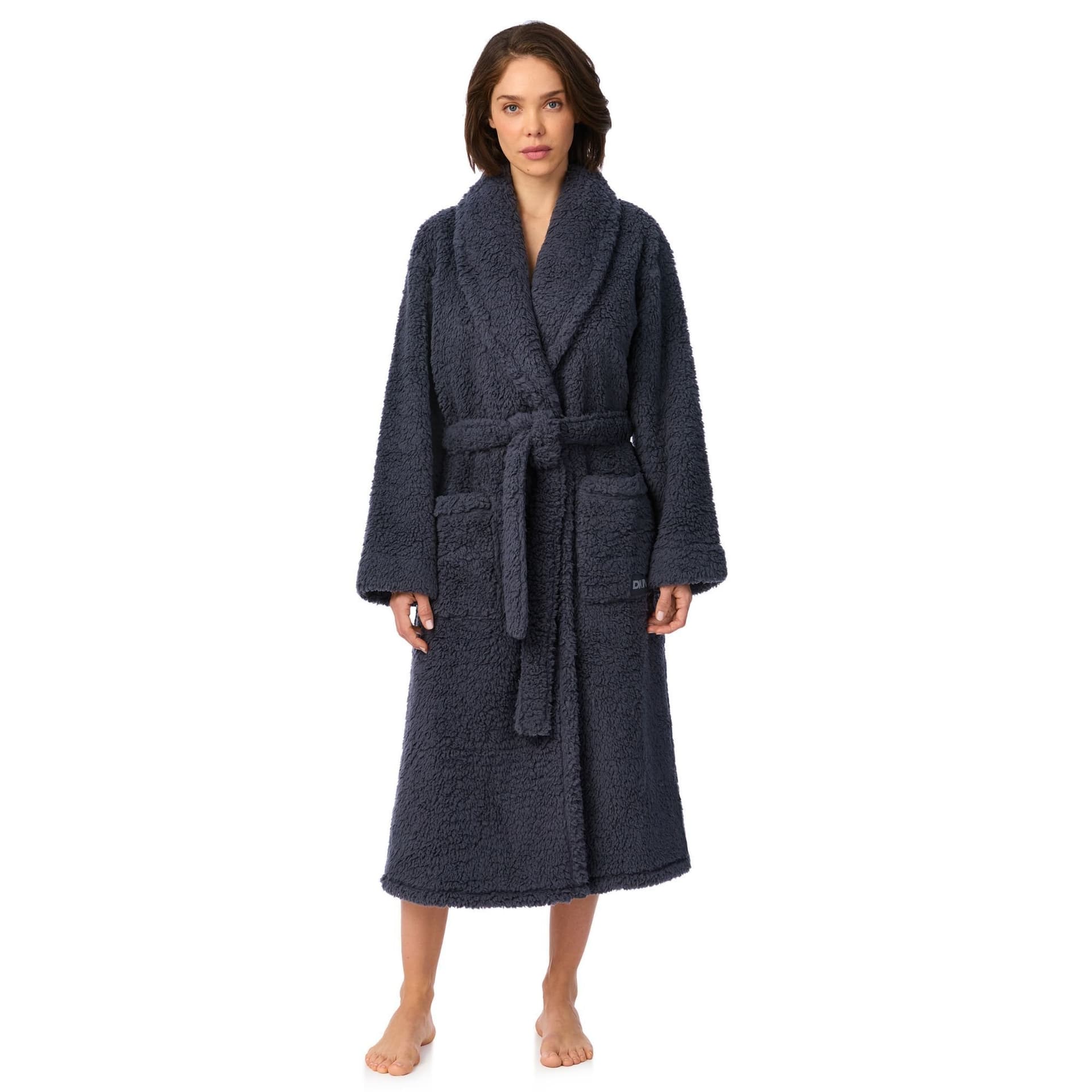 DKNY DKNY Women's 122cm Long Sleeve Shawl Collar Robe in Dark Graphite Frosted Sherpa in Dark Grey
