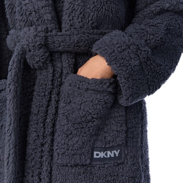 DKNY DKNY Women's 122cm Long Sleeve Shawl Collar Robe in Dark Graphite Frosted Sherpa in Dark Grey - 3