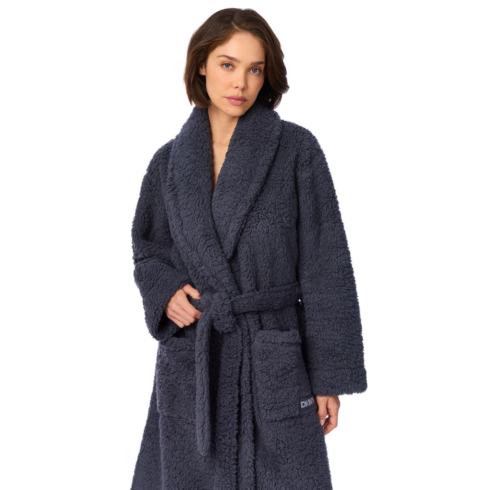 DKNY DKNY Women's 122cm Long Sleeve Shawl Collar Robe in Dark Graphite Frosted Sherpa in Dark Grey - 4