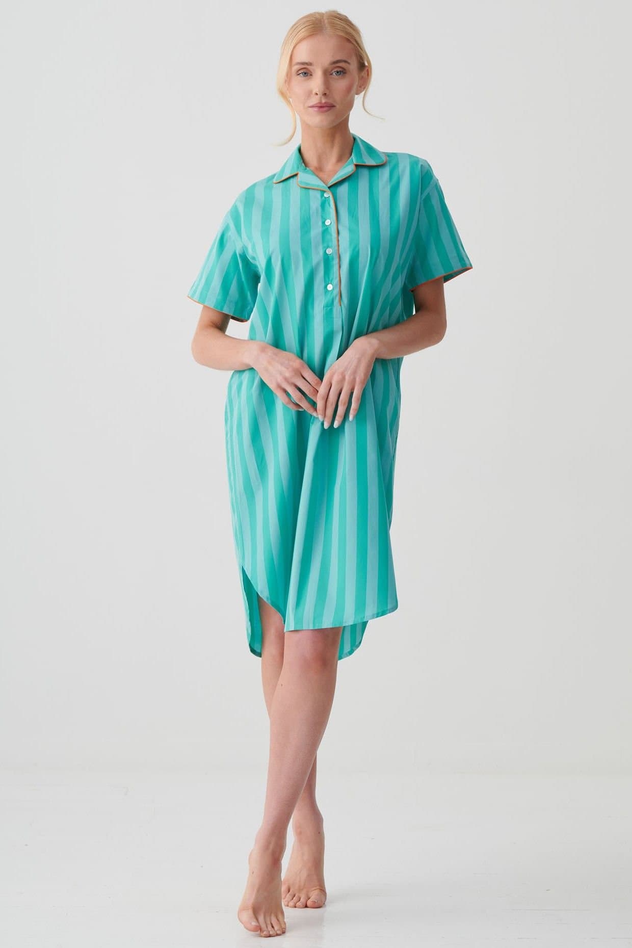 British Boxers British Boxers Women's "New York Turquoise Stripe" Crisp Cotton Short Sleeve Nightshirt