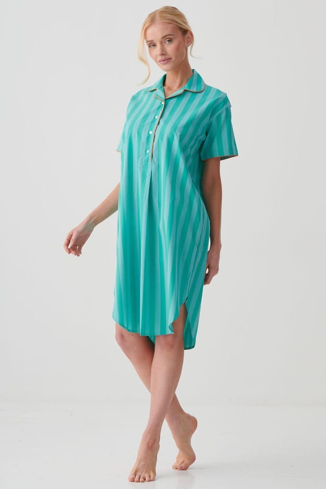 British Boxers British Boxers Women's "New York Turquoise Stripe" Crisp Cotton Short Sleeve Nightshirt - 2