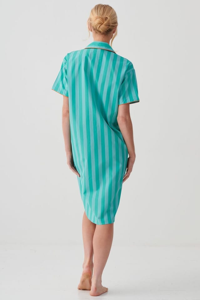 British Boxers British Boxers Women's "New York Turquoise Stripe" Crisp Cotton Short Sleeve Nightshirt - 3