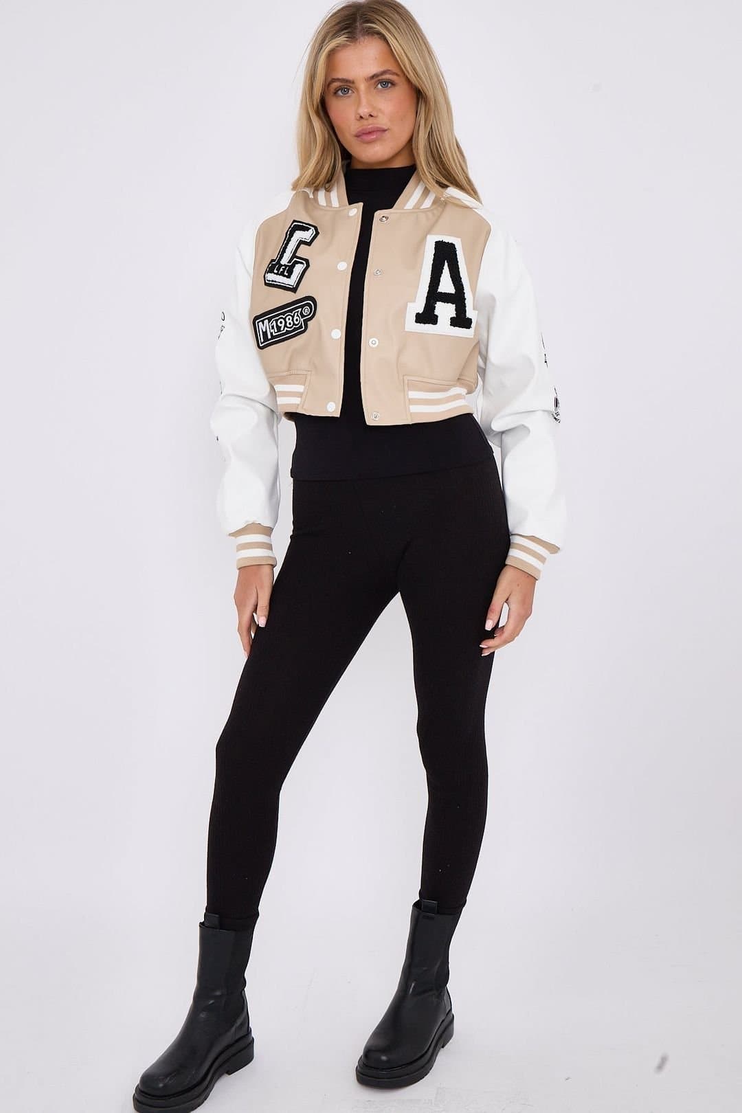STYLEWISE STYLEWISE Women's Embroidered Detail - Cropped Fit - PU Varsity Jacket in Stone