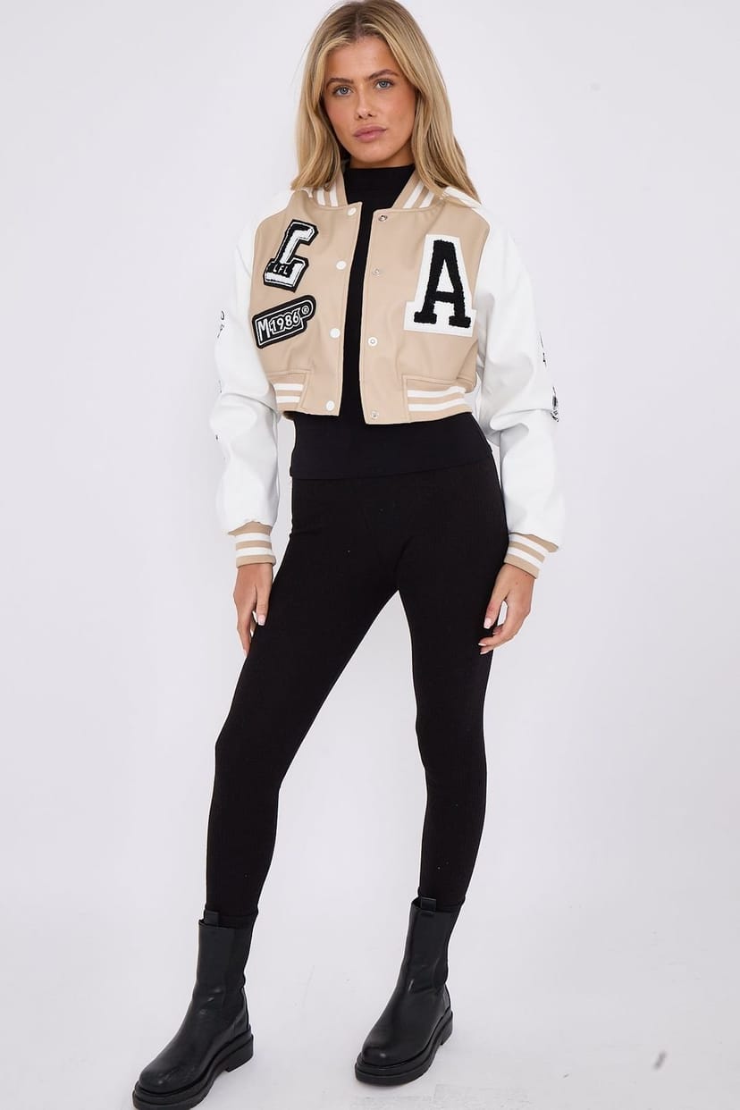 STYLEWISE STYLEWISE Women's Embroidered Detail - Cropped Fit - PU Varsity Jacket in Stone - 1