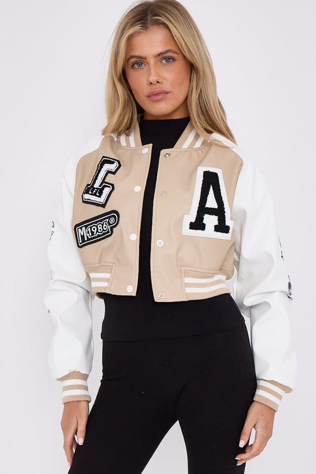 STYLEWISE STYLEWISE Women's Embroidered Detail - Cropped Fit - PU Varsity Jacket in Stone - 2