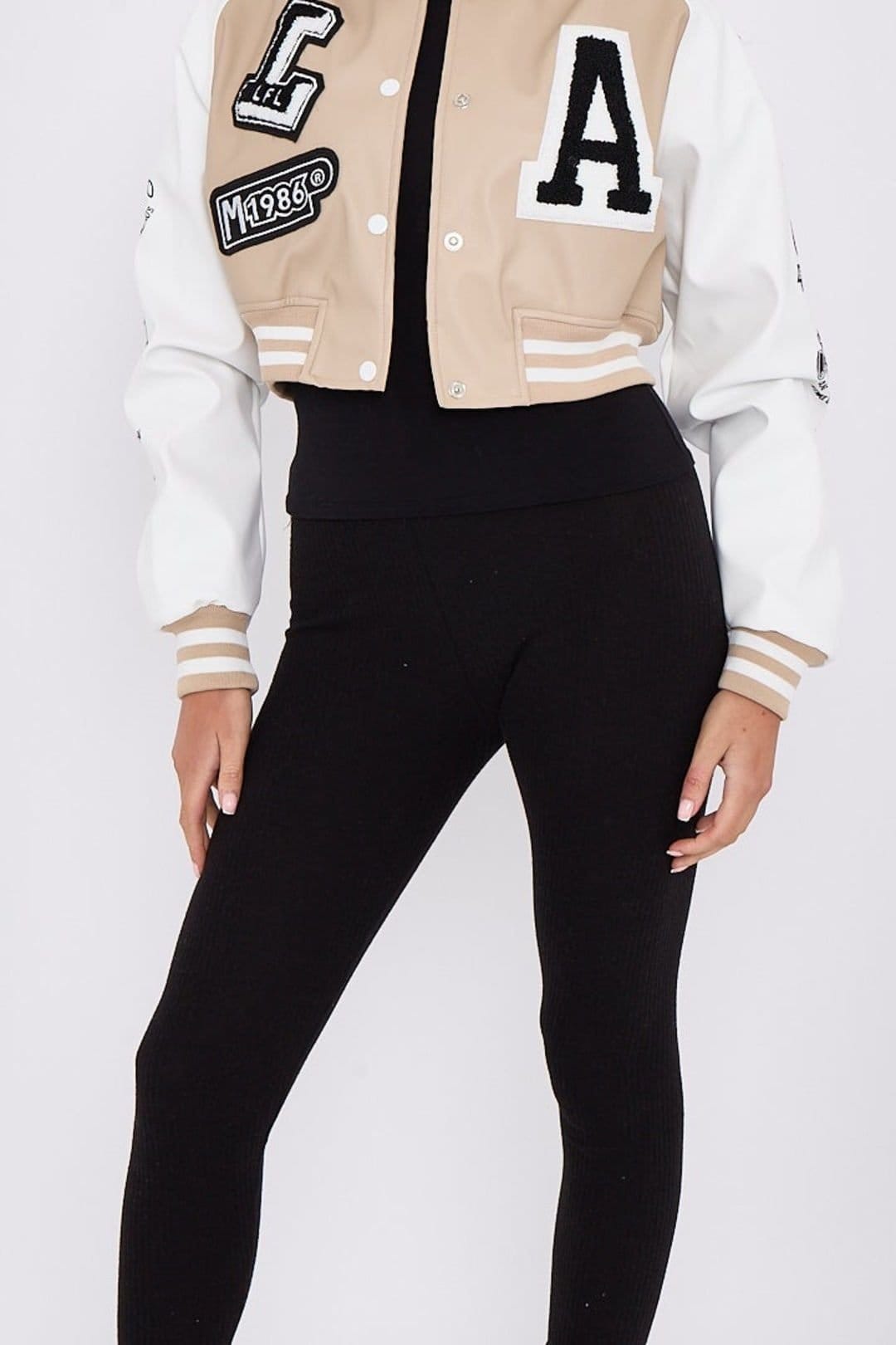 STYLEWISE STYLEWISE Women's Embroidered Detail - Cropped Fit - PU Varsity Jacket in Stone - 4