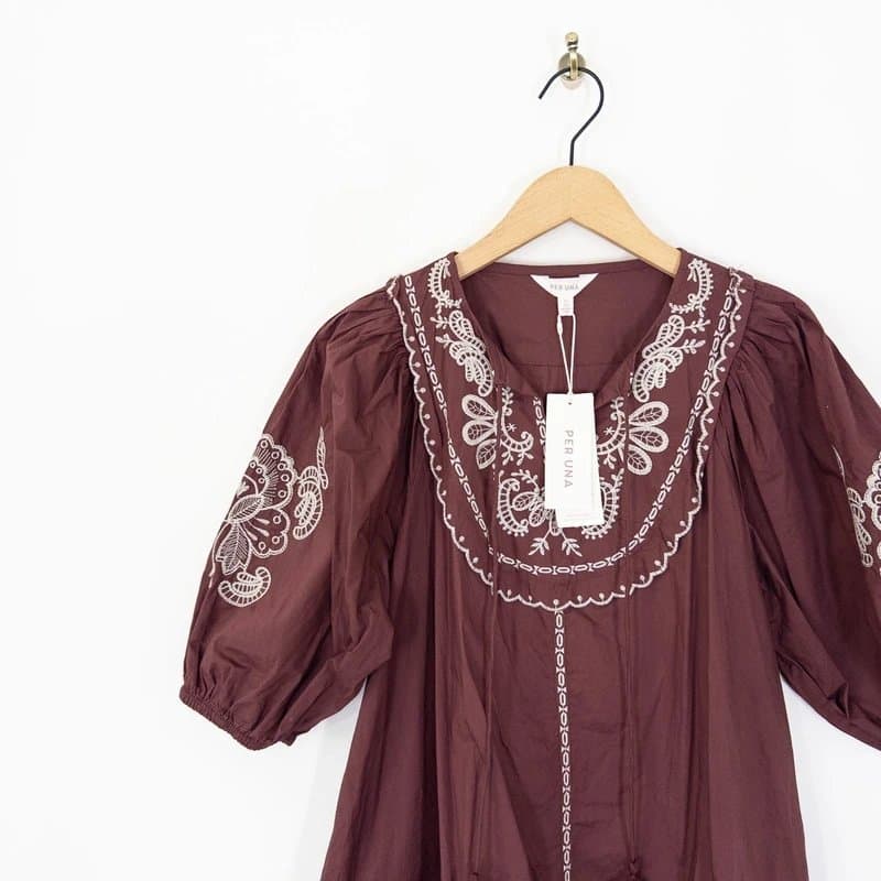 Marks & Spencer M&S Per Una Mini Tiered Boho Dress Size 12 NEW Embroidered Mink Brown Cotton
