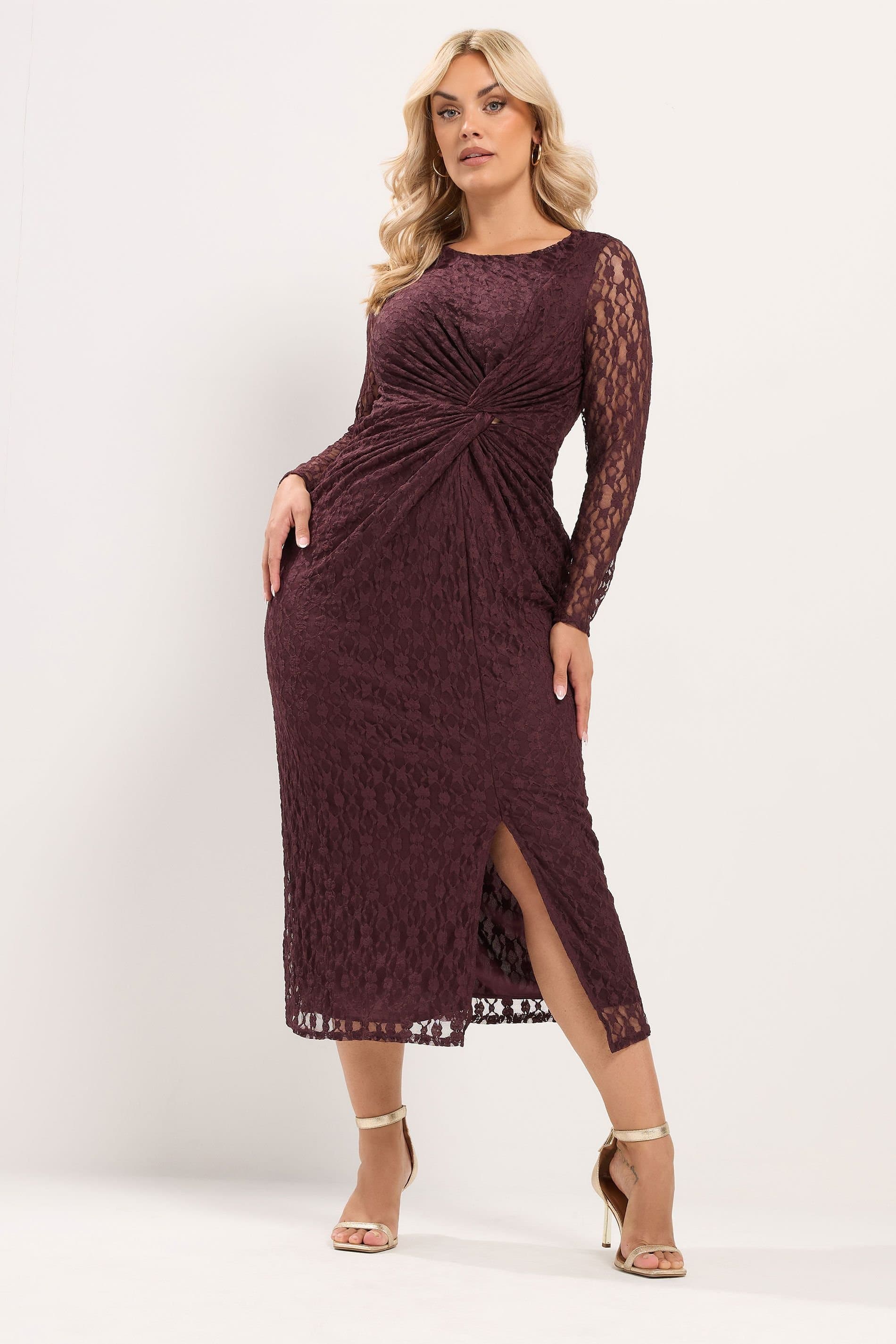 Yours Yours Women's Brown Lace Side Twist Dress in Wine
