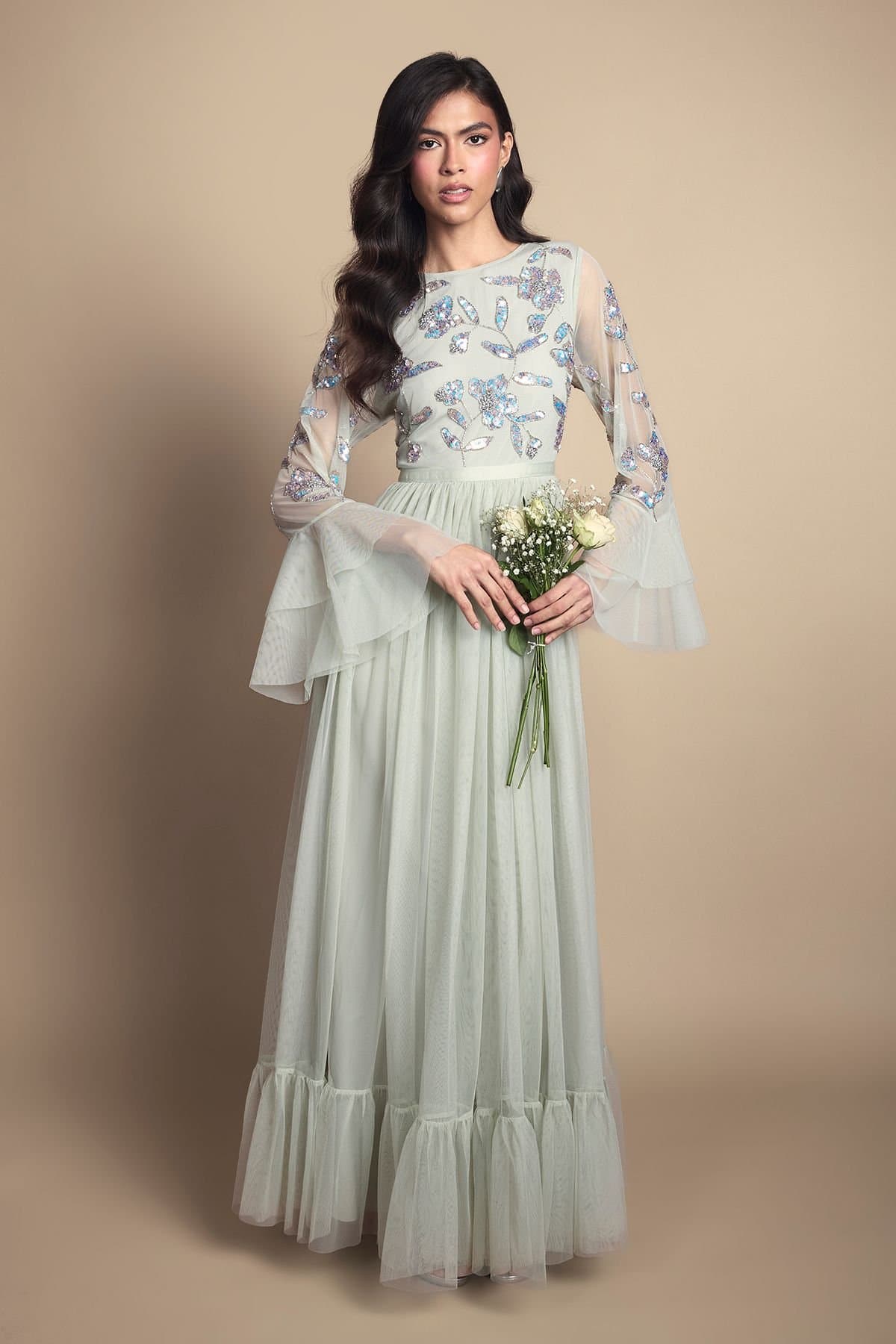 Coast Coast Women's Sequin Long Sleeve Ruffle Mesh Maxi Bridesmaid Dress in Sage