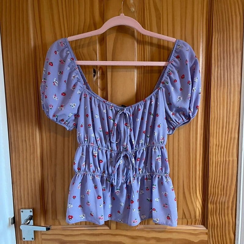 ASOS Purple Floral Ruche Square Neck Top