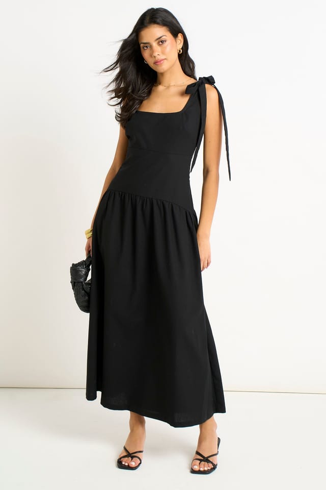 Gini London Gini London Women's Black Linen Mix Drop Waist Midi Dress - 2