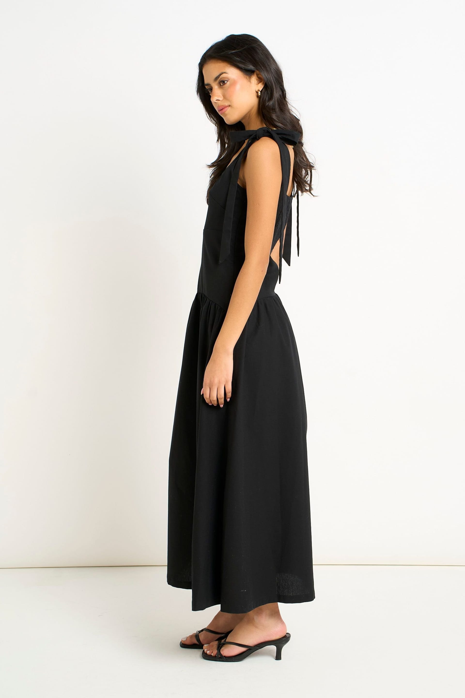 Gini London Gini London Women's Black Linen Mix Drop Waist Midi Dress - 4