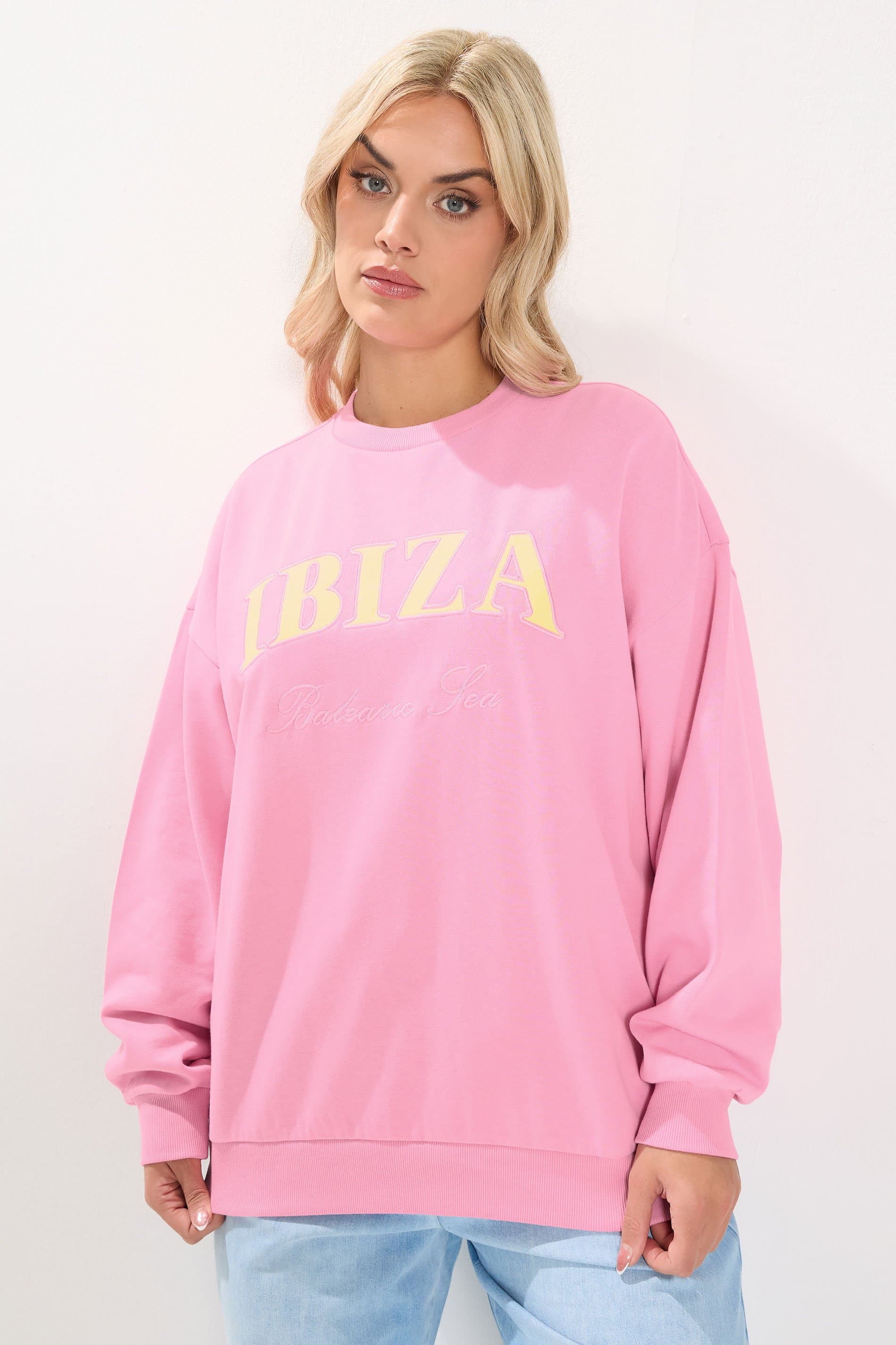Yours Plus Size Pink 'Ibiza' Slogan Sweatshirt