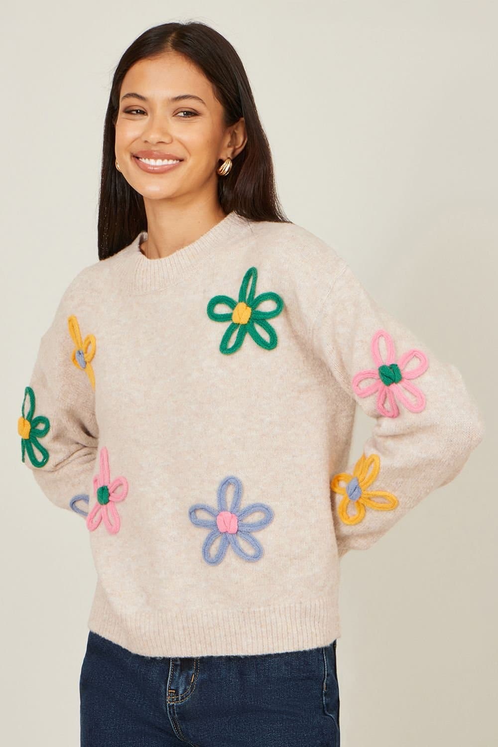 Yumi Yumi Women's Oatmeal Relaxed Flower Embroidered Jumper in Beige