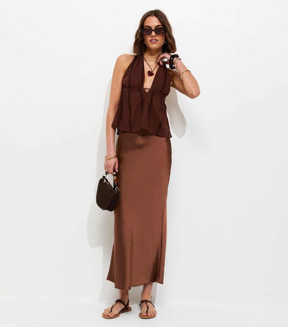New Look Women's Dark Brown Satin Bias Cut Midi Skirt New Look