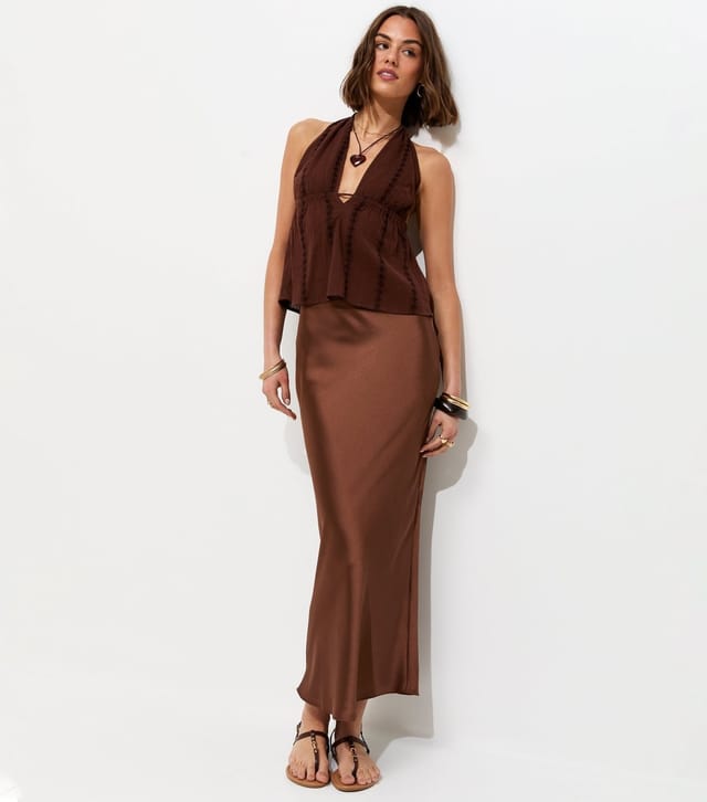 New Look Women's Dark Brown Satin Bias Cut Midi Skirt New Look - 3
