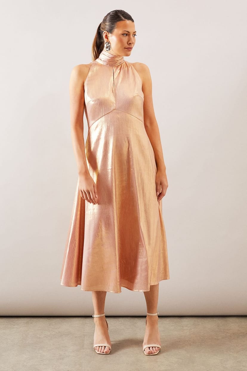 Wallis Wallis Women's Occasion Metallic Tie Neck Midi Dress in Rose Gold - 1