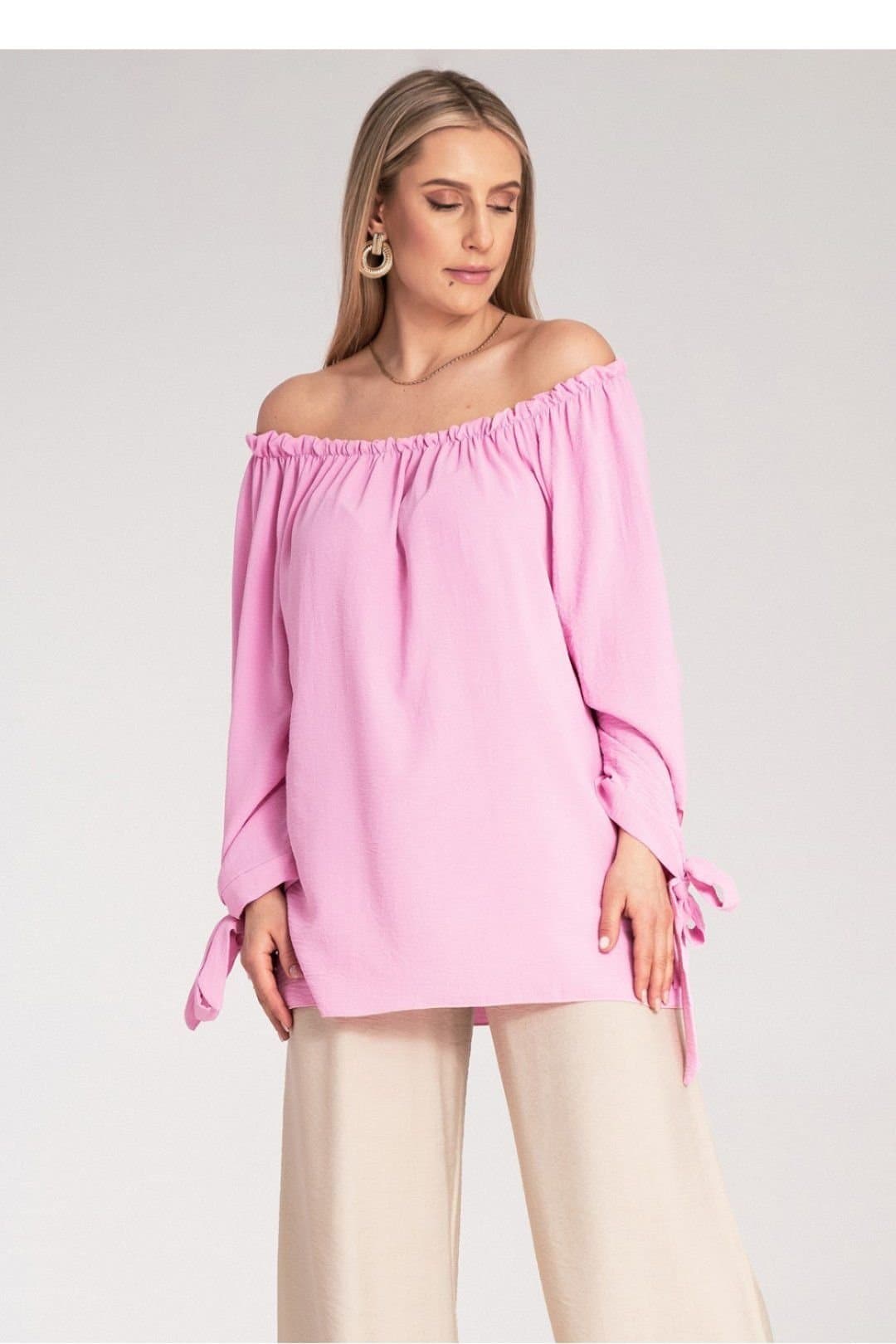 Love Lace Love Lace Women's Spanish Style Off-Shoulder Blouse with Tie Sleeves in Pink
