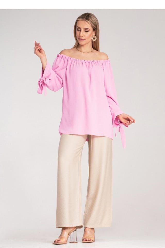 Love Lace Love Lace Women's Spanish Style Off-Shoulder Blouse with Tie Sleeves in Pink - 2