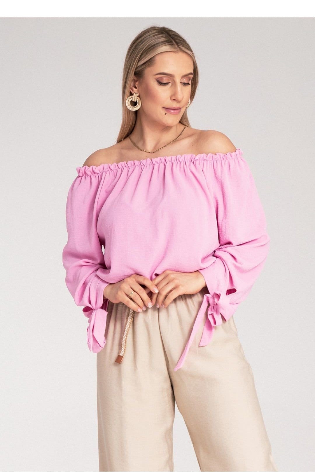 Love Lace Love Lace Women's Spanish Style Off-Shoulder Blouse with Tie Sleeves in Pink - 4