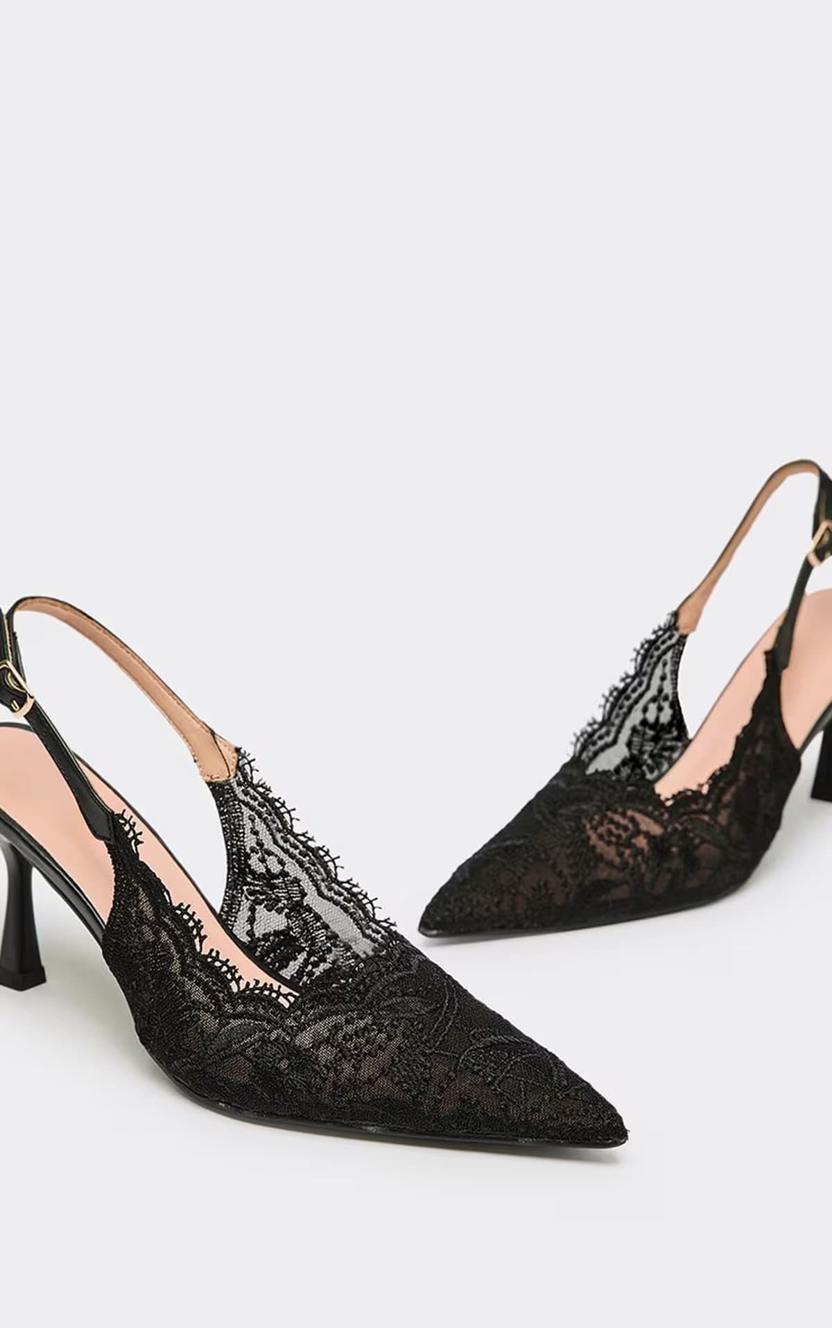EGO Ferris Pointed Toe Slingback Court Heel In Black Lace, Women's Size UK 3