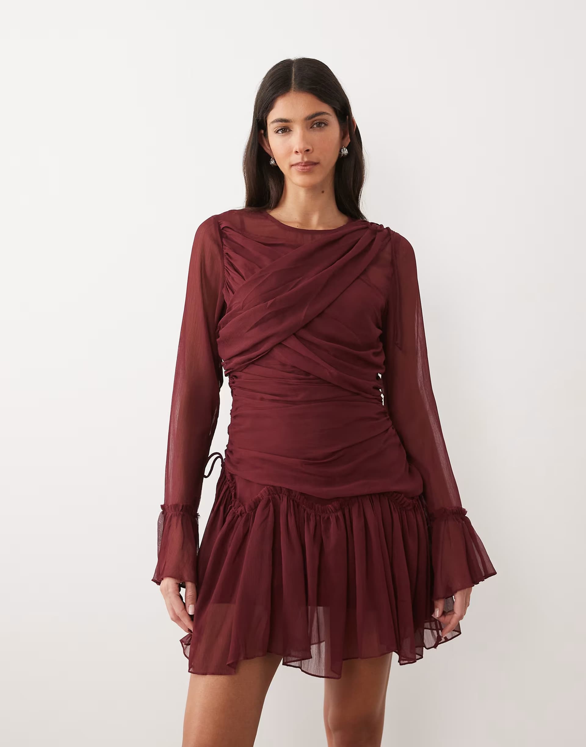ASOS ASOS DESIGN long sleeved drape frill mini dress in burgundy