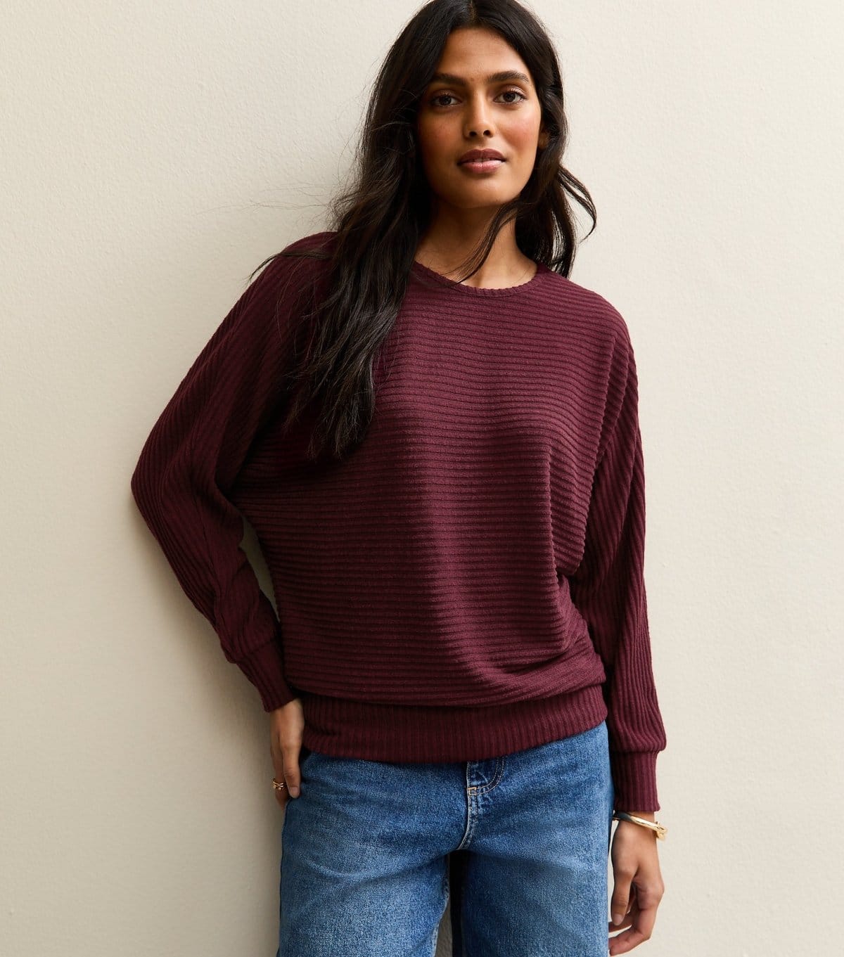 Women's Burgundy Soft Touch Ribbed Batwing Sleeve Top New Look