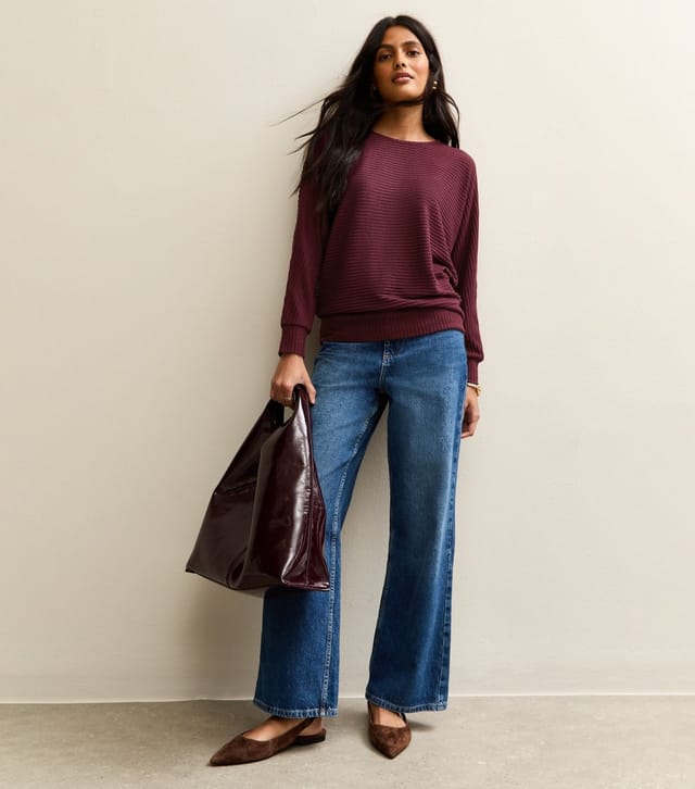 New Look Women's Burgundy Soft Touch Ribbed Batwing Sleeve Top New Look - 3